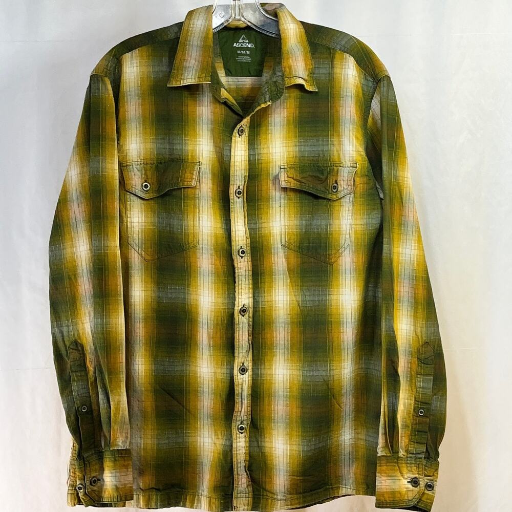 Button Front Ripstop Shirt Men’s Medium Green Yellow Gold Plaid Bass Pro Ascend